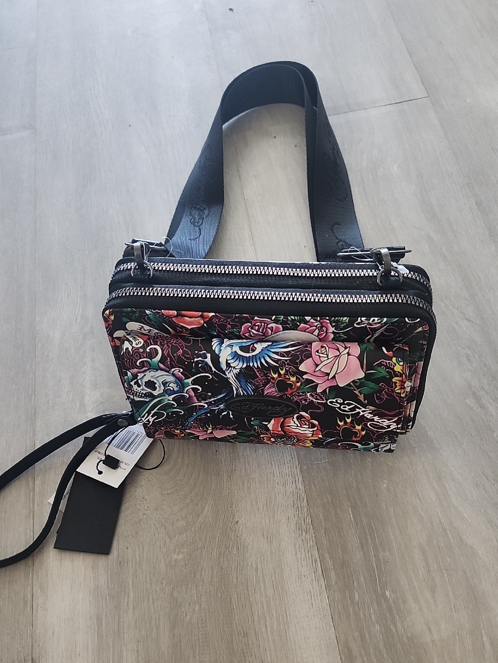 Ed Hardy Floral Tattoo Print Crossbody Wallet - Black Multi